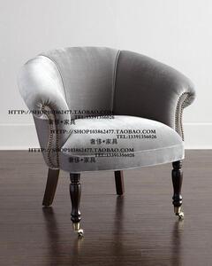 出口比利时法式乡村风格实木滑轮铆钉布艺单人位沙发椅洽谈椅圈椅