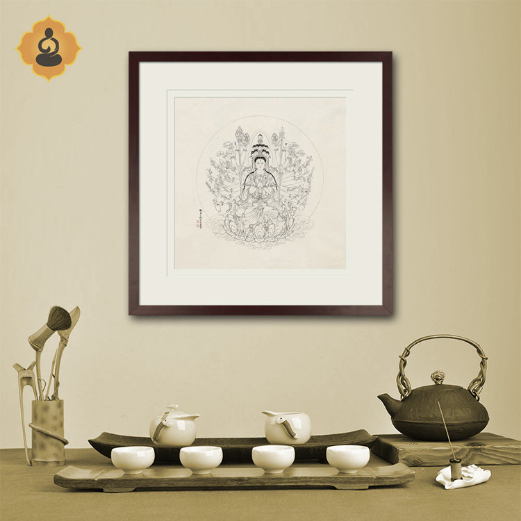 国画工笔白描人物白描千手千眼观音菩萨画像供奉中式卷轴画框挂画