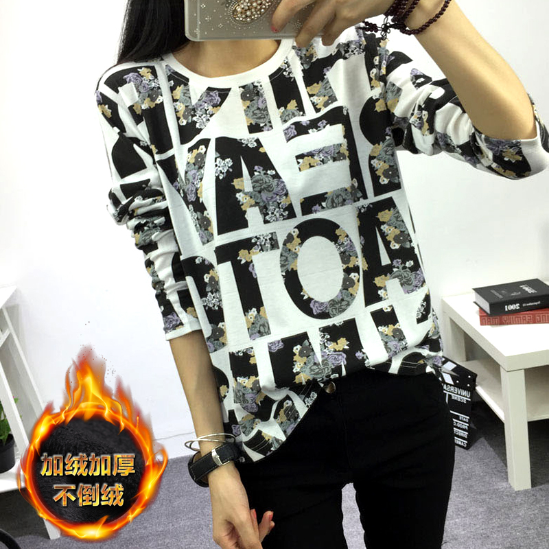Korean Women autumn and winter plus velvet shirt shirt female letter loose big yards thick long-sleeved T-shirt female