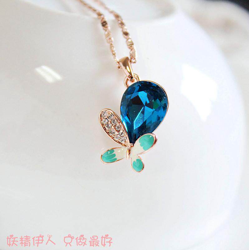 威妮华专柜 玫瑰金小蝴蝶宝石蓝色水滴水晶小项链 短链 防敏