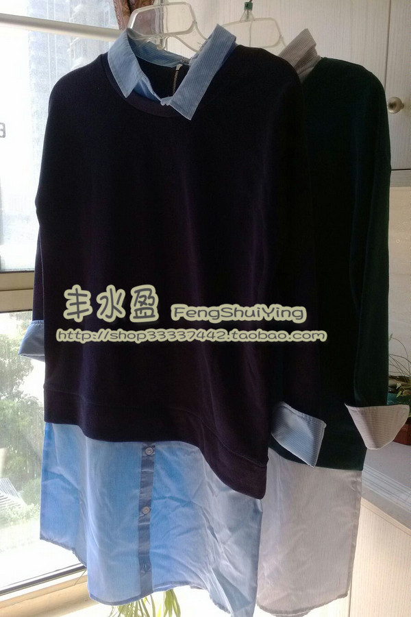 出口日单 砂洗棉假两件加长衬衣长袖连衣裙