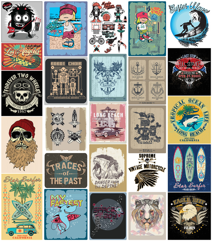 矢量设计素材 欧美风格涂鸦纹身T恤模板动物机器人冲浪老鹰EPS