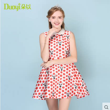 Duoyi朵以圆波点无袖气质翻领都市时尚丽人连衣裙女 还有三件包邮