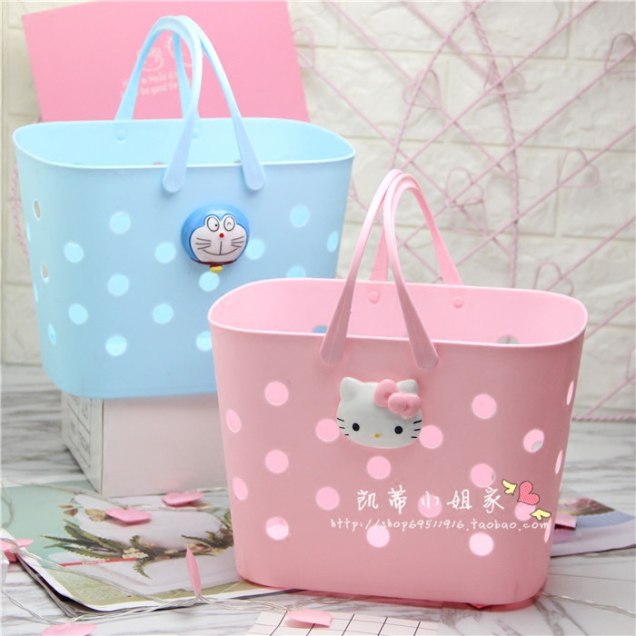 可爱卡通Kitty机器猫洗澡篮子 塑料手提篮浴筐韩国洗漱篮浴室收纳