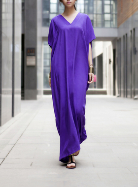 欧美走秀款夏紫色袍子连衣裙女原创设计 超宽松显瘦长裙棉绸长袍