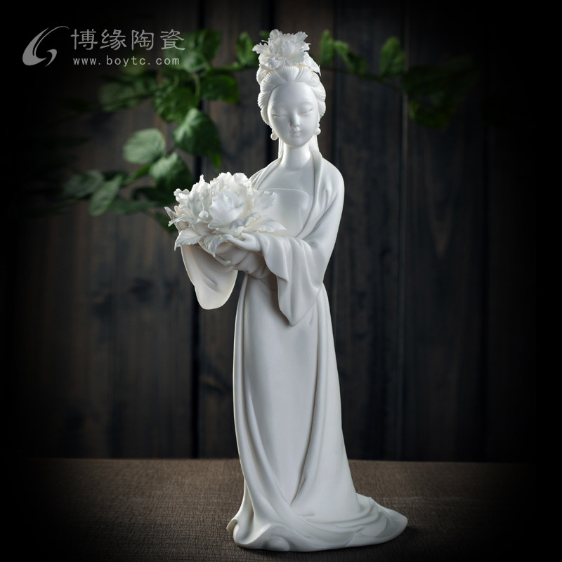 古典美女人物摆件 牡丹仙子 德化白瓷花卉仕女雕塑收藏摆件礼品