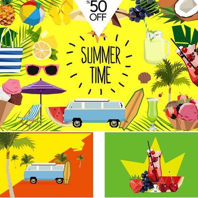 A1787矢量几何低多边形图标热带水果植物度假椰子菠萝 AI设计素材