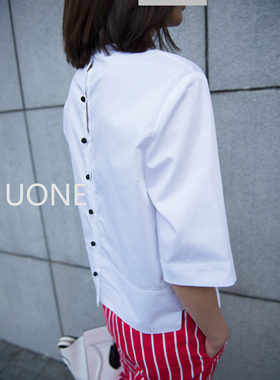 UONE定制夏季日本高织棉立体盘扣短袖衬衣纹韩范宽松纯棉衬衫女式