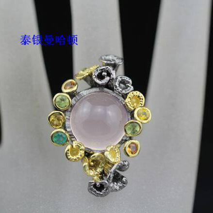 泰银曼谷925纯银手工进口正品原创天然粉晶黄水晶橄榄石女戒指15