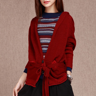 中长款 一衣江南2020春季 V领羊毛开衫 蝙蝠袖 系带毛衣外套14328 女装
