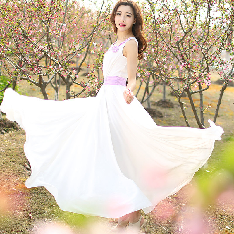 连衣裙夏季新款女装圆领度假无袖雪纺修身韩大摆摆甜美长裙子