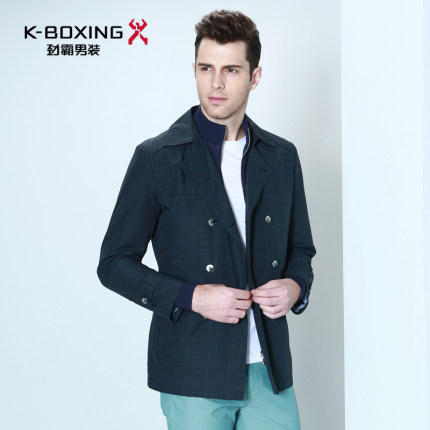 劲霸男士时尚修身风衣 优雅英伦格纹中长款商务休闲外套|AFHU1115