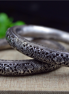 非物质文化遗产原创纯手工镂空经典小众烧蓝复古纯银手镯响镯定制