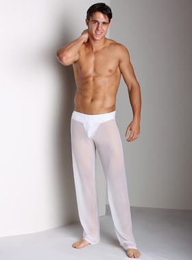 定制新款男士低腰宽松网眼休闲家居长裤透明睡裤打底裤性感网纱裤