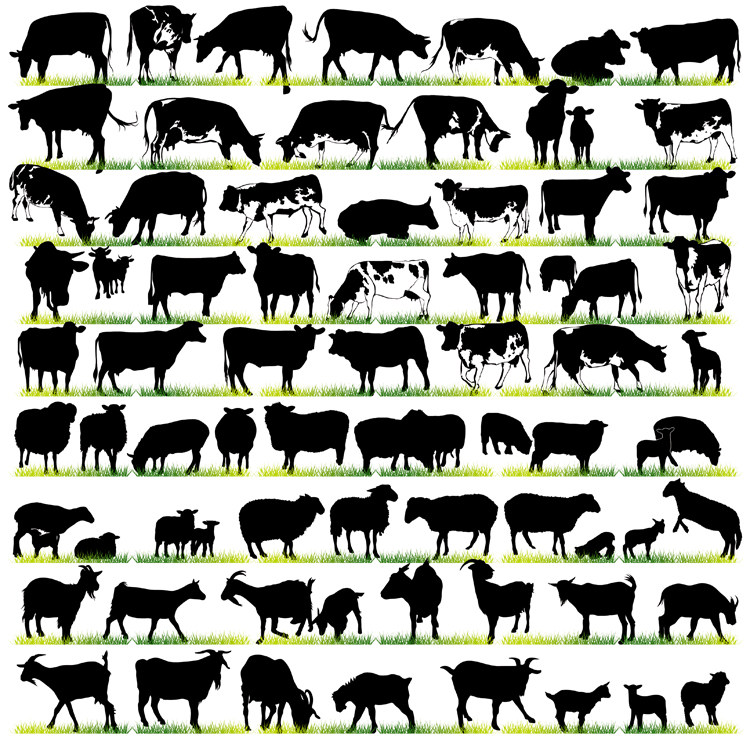 牛羊剪影 牧场农场奶牛绵羊山羊吃草动物元素 ai格式矢量设计素材