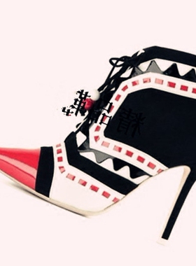 小众款个性短靴超高跟尖头拼色黑色/大红宴会鞋10厘米2020秋冬女