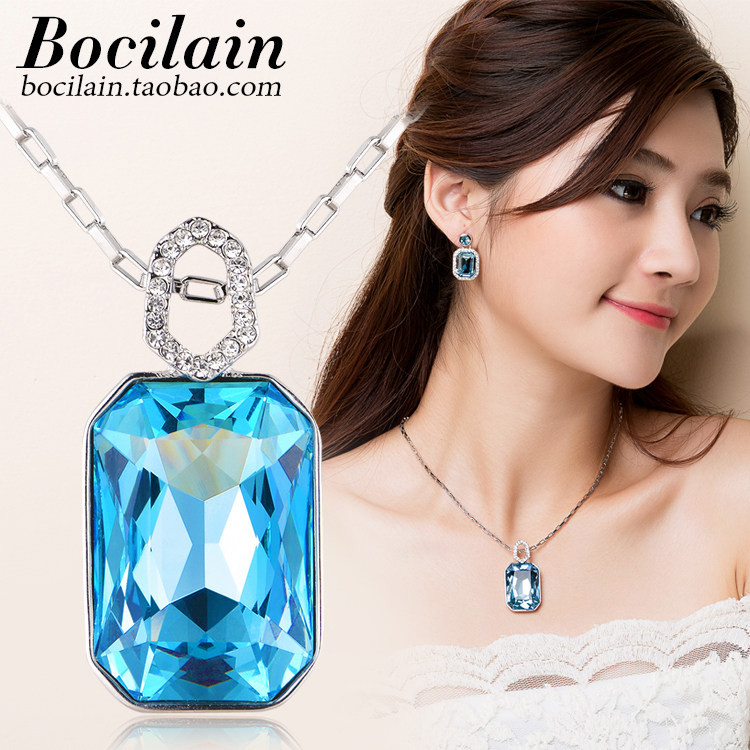 蓝色闪亮奥地利水晶颈项链时尚大水晶吊坠气质闪亮高级感小众设计