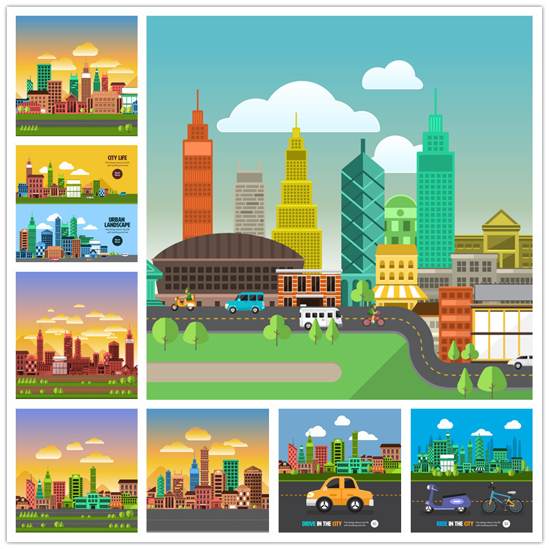 A0293矢量扁平化城市彩色建筑大楼交通汽车 AI设计素材