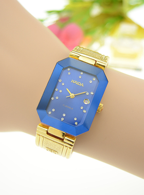 海达手表大气蓝色白色表盘时尚金色镶钻机械女表库存全新
