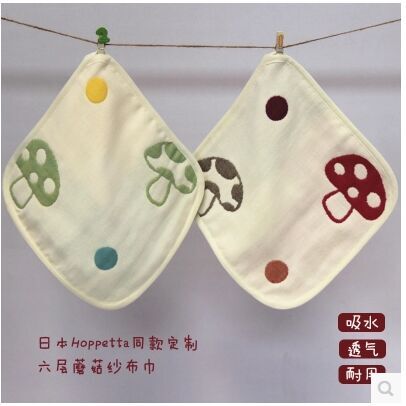 外贸日单六层纱布纯棉七彩蘑菇儿童小方巾婴幼儿宝宝洗脸小毛巾