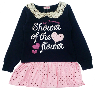 T恤绒衫 乐天BABY 10岁女童深蓝棉绒裙边上衣长袖 连衣裙 日单