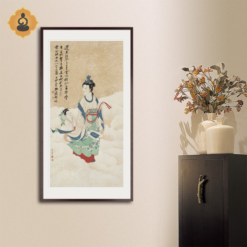 国画人物仕女画张大千蟠桃献寿图书房客厅玄关新中式装饰画框挂画