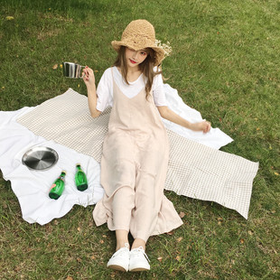 夏季新款韩版宽松棉麻吊带九分连体裤女装时尚大码背带阔腿裤潮