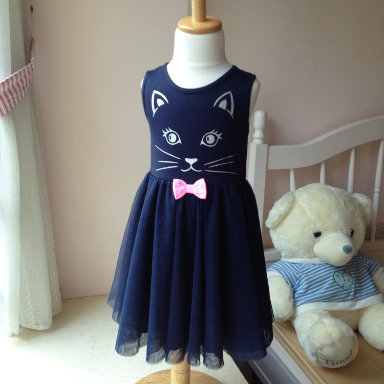 欧美风格多层细纱百褶裙摆猫脸女童连衣裙 背心裙