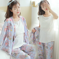 Thời trang xuân ba mảnh phù hợp với tháng cotton phù hợp với mùa xuân và mùa hè dài tay cho bà bầu cho con bú quần áo sau sinh - Giải trí mặc / Mum mặc bộ đồ bầu mặc nhà mùa đông