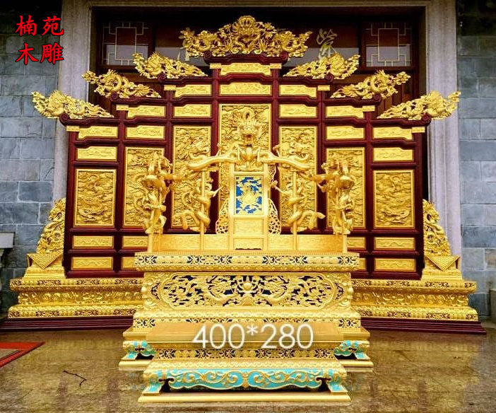 东阳木雕大型屏风龙椅皇帝宝座 中式酒店装修龙椅座屏精雕贴金箔