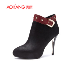 Aokang shoes autumn 2015 new decorative buckle side zip leather women's boots pointed toes ultra high heel Western boot