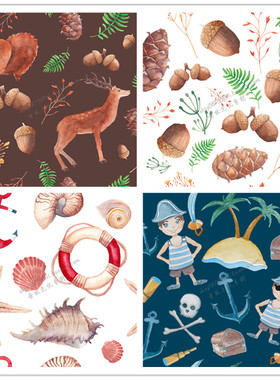 A2030矢量水彩森系小鹿榛子松果卡通海盗海星海螺图案 AI设计素材