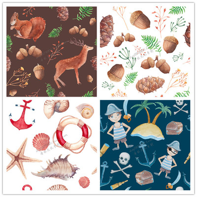 A2030矢量水彩森系小鹿榛子松果卡通海盗海星海螺图案 AI设计素材