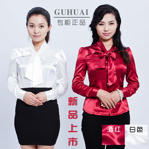2014古槐秋款修身百搭有大码飘带蝴蝶领仿真丝职业装长袖女衬衫包