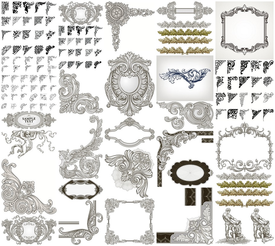 矢量设计素材 欧式花角花纹边角边框叶形纹饰图案线稿 EPS格式25P