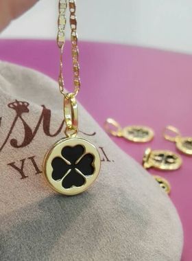 韩国黑色四叶草项链圆形吊坠包邮
