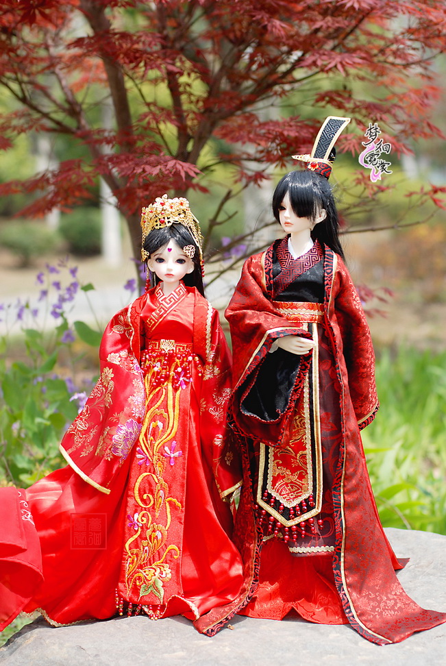 独家原创娃衣汉服娃娃BJD3分女装男装绣花婚服套装定做--比翼双飞