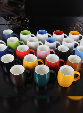 马克杯酒桶杯大肚杯陶瓷简约广告杯个人水杯纯黑蓝色亚光ogo定制