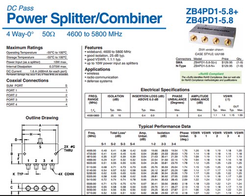 4600-5800MHz 射频一分四功分器 代替 ZB4PD1-5.8 Mini-Circuits