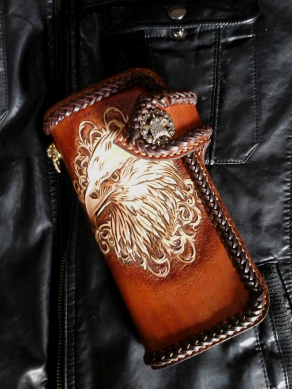 定制 鹰头 编织 深棕红色 长款 皮雕 钱夹