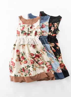 2121春 花样演绎好气质 蕾丝腰 玫瑰花柄背心连衣裙