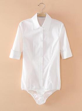 新款连裤衬衫通勤工装白色长袖女衬衫时尚修身中袖职业装连体衬衣