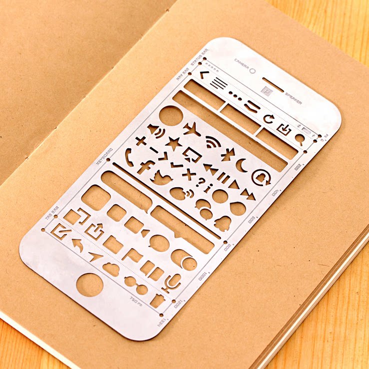 韩国款创意镂空手账尺苹果手机造型尺金属多功能绘图直尺模板尺子