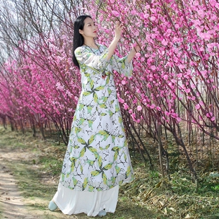 花掌门春夏欧根纱雪纺印花民族风长款茶服连衣裙禅服