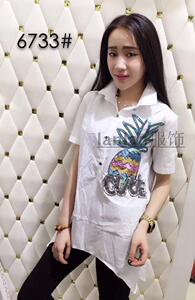 纤美一族2016夏装新款衬衫大码女装中长款珠片绣短袖衬衣棉质上衣
