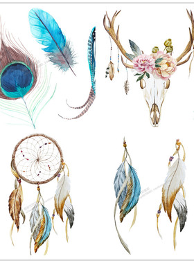 A0436矢量水彩小清新森系孔雀羽毛鹿角头像花朵羽毛 AI设计素材