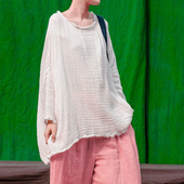 棉麻宽松上衣文艺棉随性自然圆领长袖 2020春夏装 新款 毛边T恤女