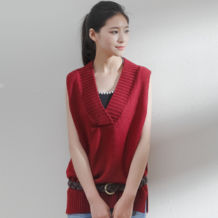 毛衣大V领套头中长款 一衣江南2020春季 女无袖 针织衫 纯色上衣 新款