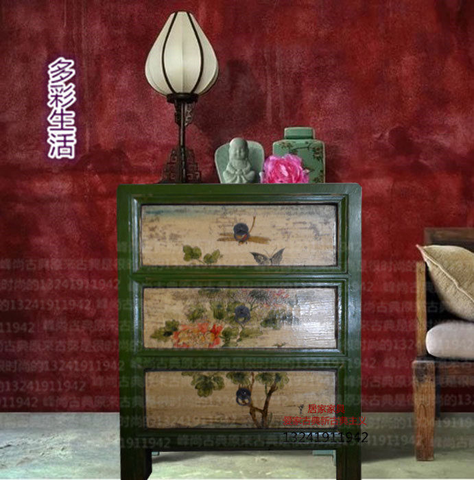 创意中式实木彩绘做旧仿古典床头斗柜矮柜电话柜尺寸可定做明清