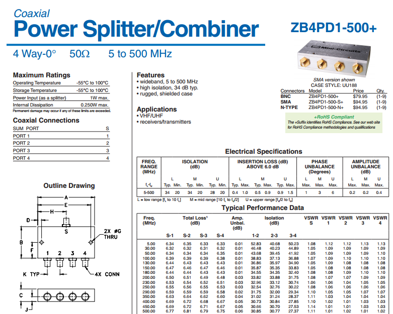 5-500MHz 射频微波同轴一分四功分器 代替 ZB4PD1-500+  Mini-Circuits